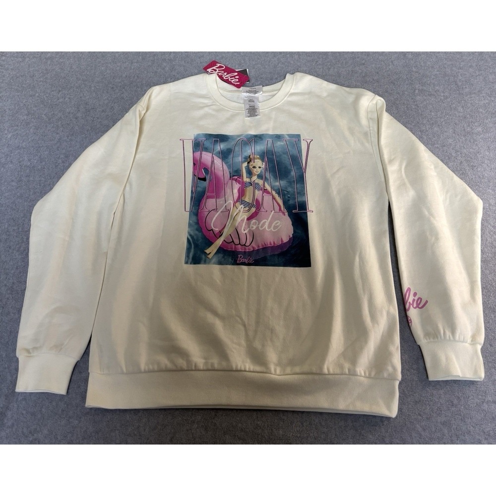 Barbie Size Medium Crew Neck Sweatshirt Pink and Cream Vacay Mode Fun Character